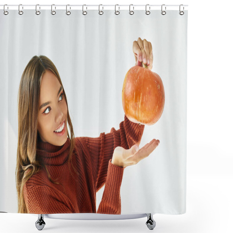 Personality  A Cheerful Woman Joyfully Holds A Small Pumpkin, Embracing The Festive Spirit Of Halloween. Shower Curtains