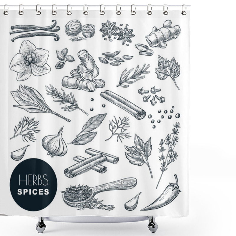 Personality  Spices And Herbs Set. Vector Hand Drawn Sketch Illustration, Isolated On White Background. Cinnamon, Pepper, Anise, Clove, Ginger, Cooking Icons And Design Elements. Shower Curtains