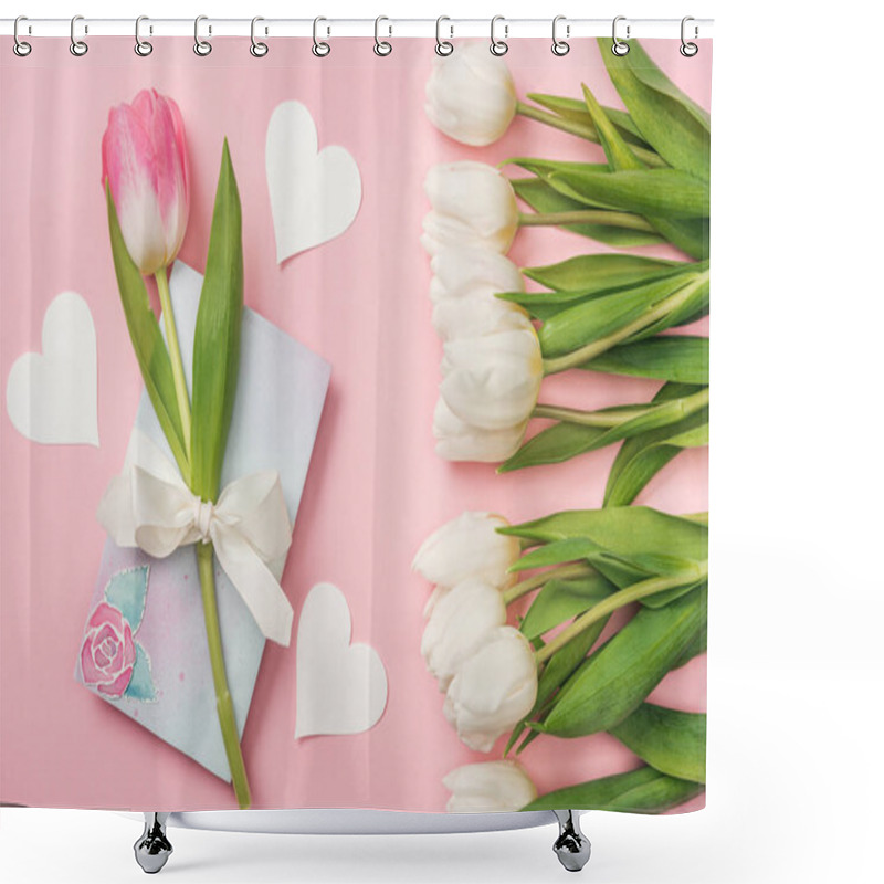 Personality  Pink Tulip With White Bow On Greeting Card, Paper Hearts And White Tulips On Pink Background Shower Curtains