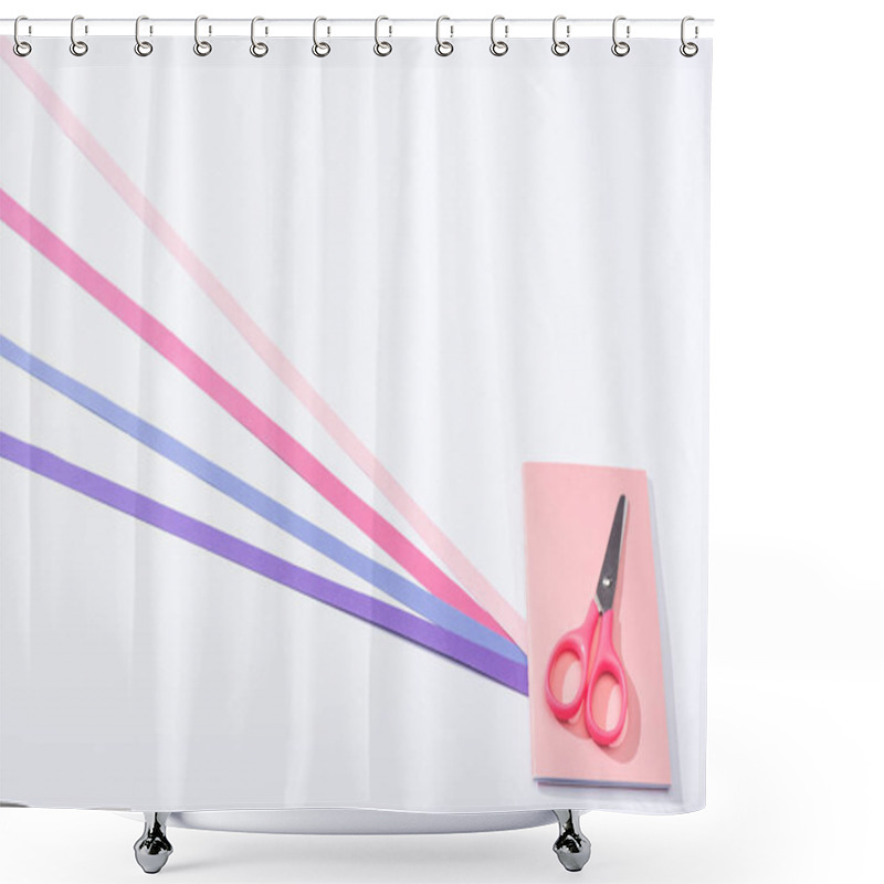 Personality  High Angle View Of Notebook, Scissors And Paper Strips On White Background  Shower Curtains