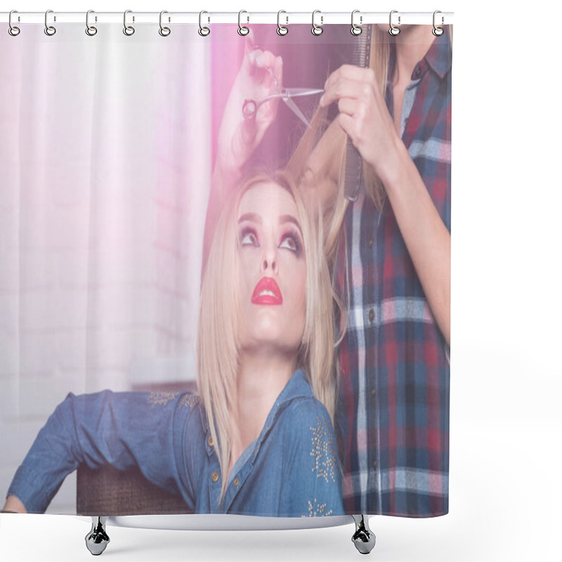 Personality  Working Day Inside The Beauty Salon, Sexy Blonde Women Shower Curtains