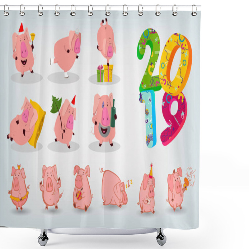 Personality  Set Of Chinese Symbol Of The 2019 Year Pig With Different Emotions. Vector Isolated Illustration Shower Curtains