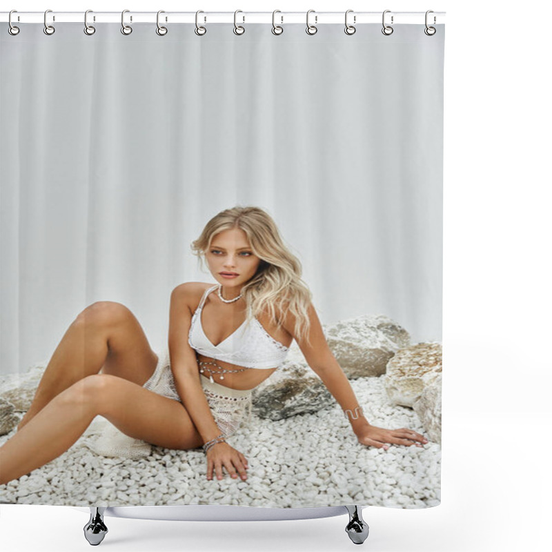 Personality  A Blonde Woman In A White Crocheted Bikini Top And Skirt Sits On A Bed Of White Pebbles, Her Long Hair Flowing Around Her. Shower Curtains