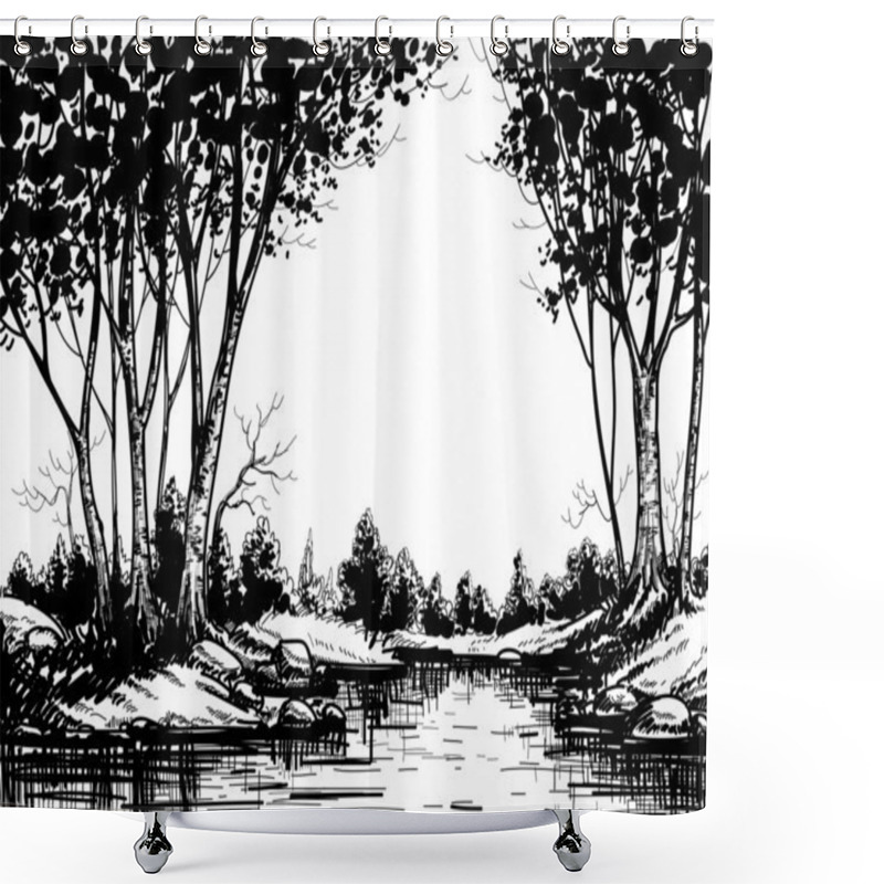 Personality  Lake In The Birch Forest Shower Curtains