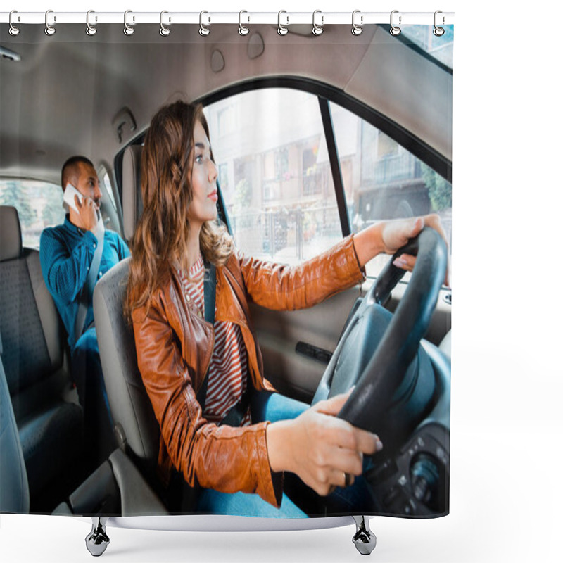 Personality  Female Taxi Driver Driving A Car With Male Passenger Talking On Mobile Phone In The Background.  Shower Curtains