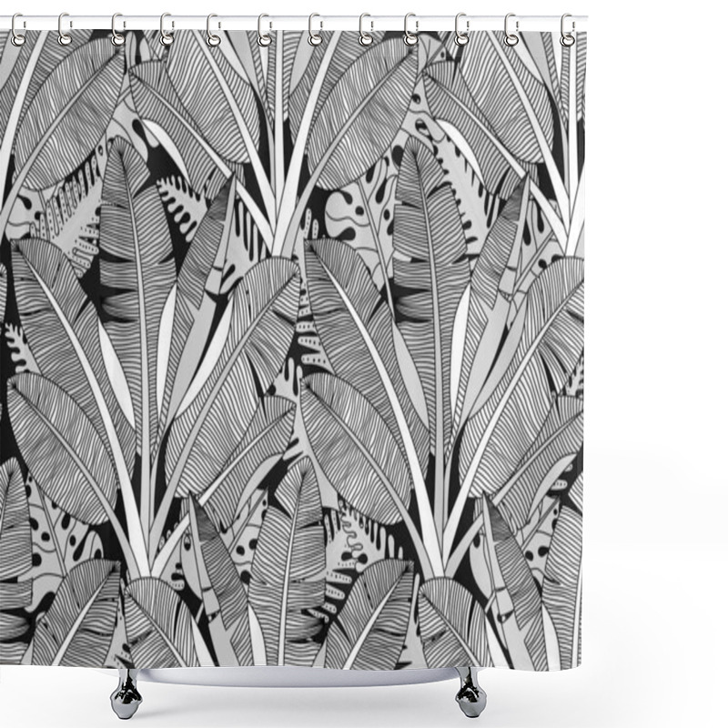 Personality  Black And White Exotic Plant And Palm Tree  Botanical Illustration. Bananas Tree Vector Seamless Pattern. Tropical Plants And Trees Adult Colouring Zentangle Book Page. Shower Curtains