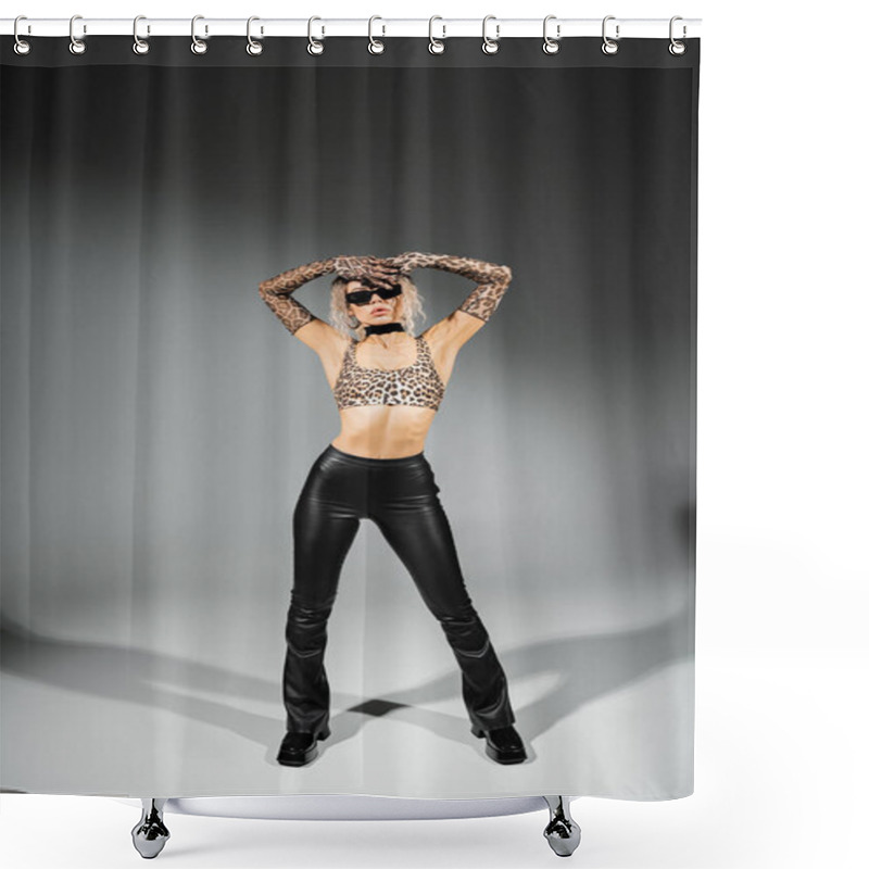 Personality  Sexuality And Fashion, Full Length Of Expressive Woman In Dark Sunglasses, Leopard Print Crop Top, Long Gloves And Black Latex Pants Standing With Hands Above Head On Grey Background Shower Curtains