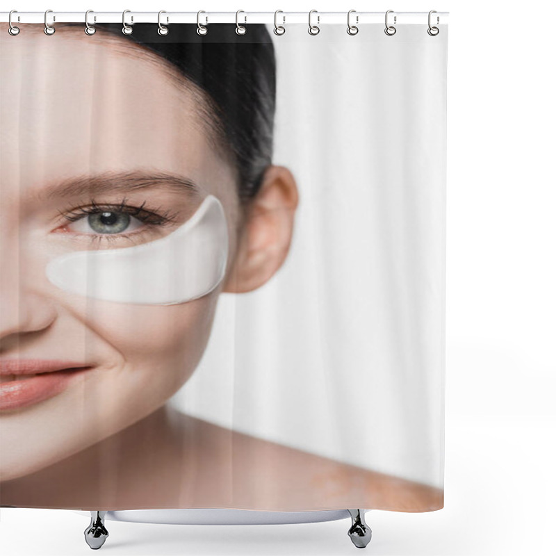 Personality  Cropped View Of Smiling Young Beautiful Woman With Vitiligo And Eye Patches On Face Isolated On White Shower Curtains