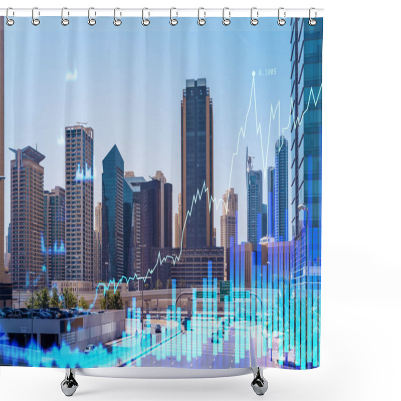 Personality  Cityscape Skyscrapers Of Downtown, UAE. Modern Skyline Of The Capital Of The Emirate Of Dubai. Center Of International Trading Of Western Asia. Traffic. FOREX Graph And Chart Concept. Double Exposure Shower Curtains