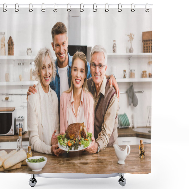 Personality  Smiling Family Members Holding Plate With Tasty Turkey In Thanksgiving Day   Shower Curtains