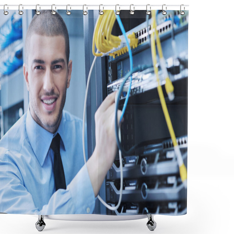 Personality  Businessman With Laptop In Network Server Room Shower Curtains