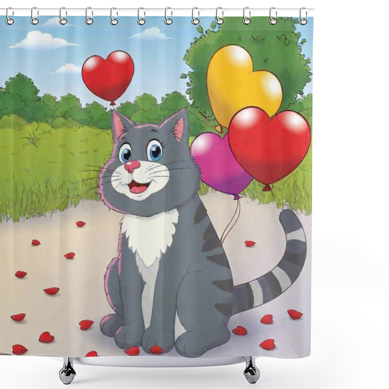 Personality  Illustration Of Cute Cat With Heart Shaped Balloons Shower Curtains