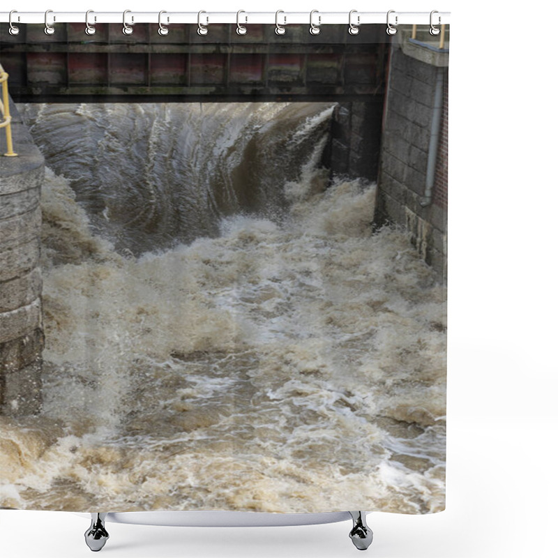 Personality  Powerful Water Flow Surging Through Dam Floodgates After Heavy Rainfall, Creating Intense Currents And Foamy Waves Shower Curtains