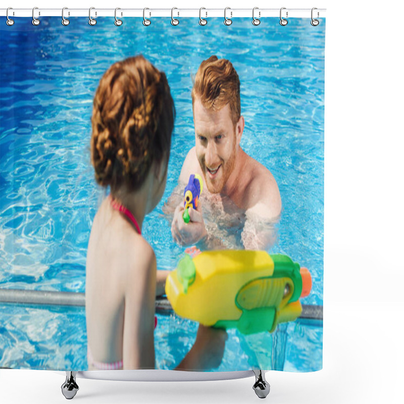 Personality  Young Father And Daughter Playing With Water Guns In Swimming Pool Shower Curtains