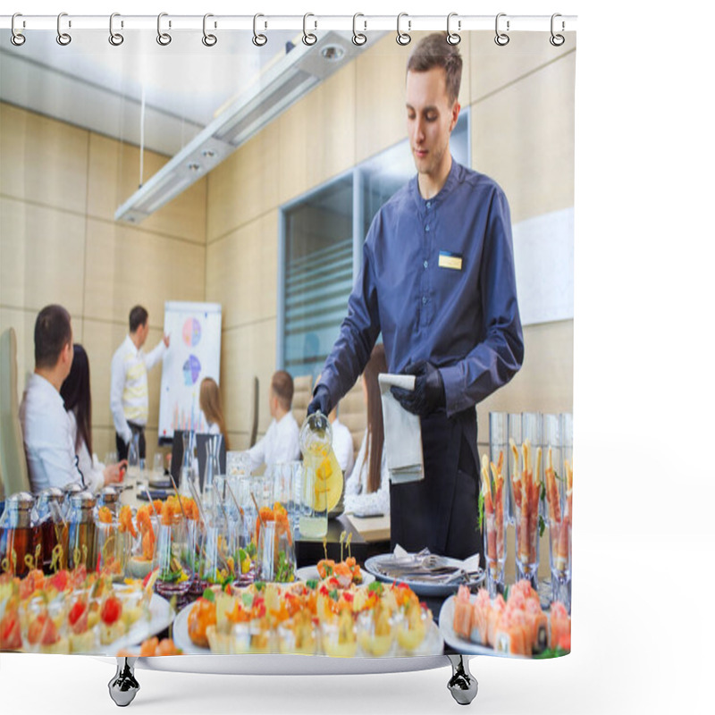 Personality  A Young Waiter Pours Drinks For Catering Shower Curtains