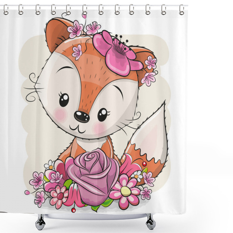 Personality  Cute Cartoon Fox With Flowers On A White Background Shower Curtains