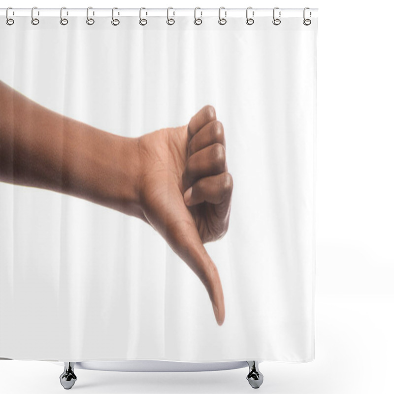 Personality  Cropped View Of African American Man Showing Thumb Down Sign Isolated On White Shower Curtains