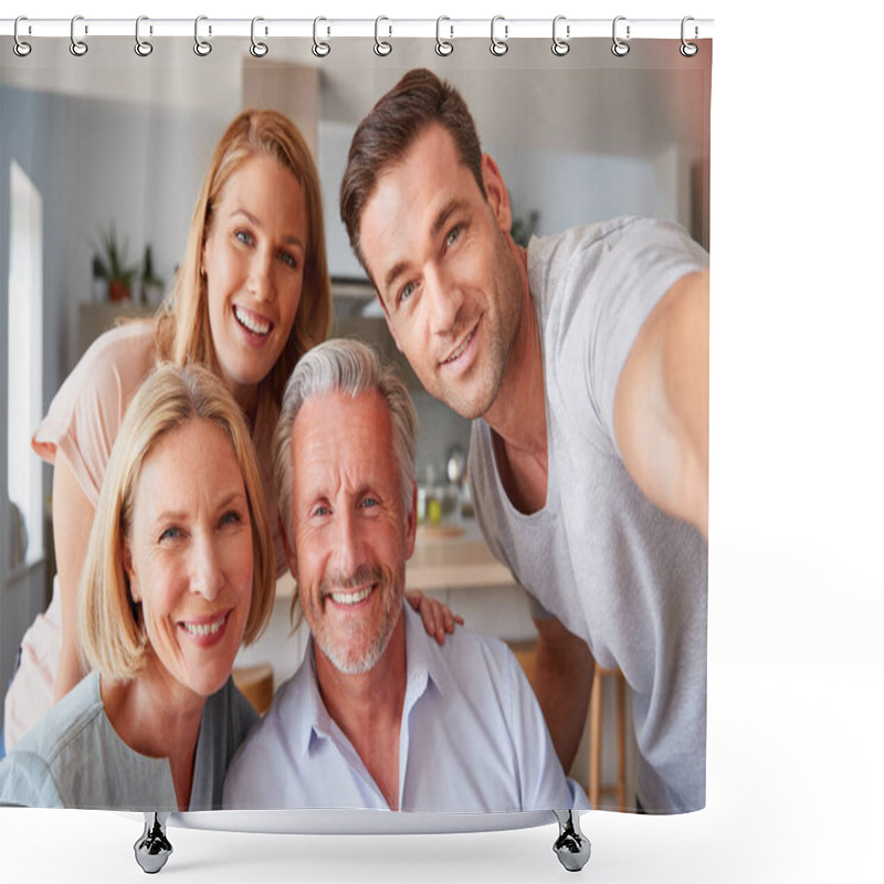 Personality  Senior Parents With Adult Offspring Posing For Selfie At Home Shower Curtains