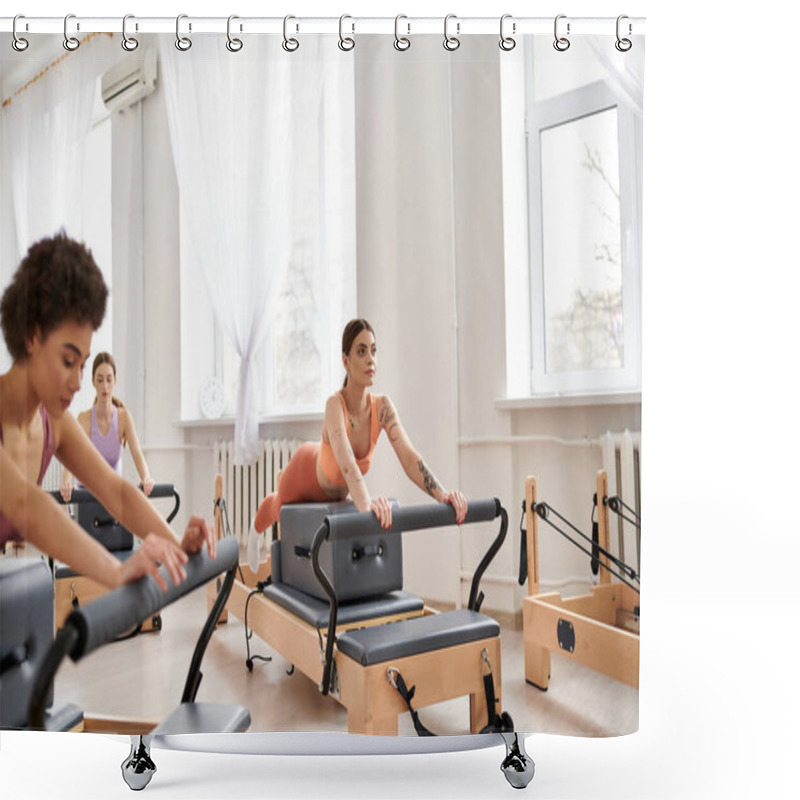 Personality  Appealing Women In Sportswear During Pilates In A Gym Together. Shower Curtains