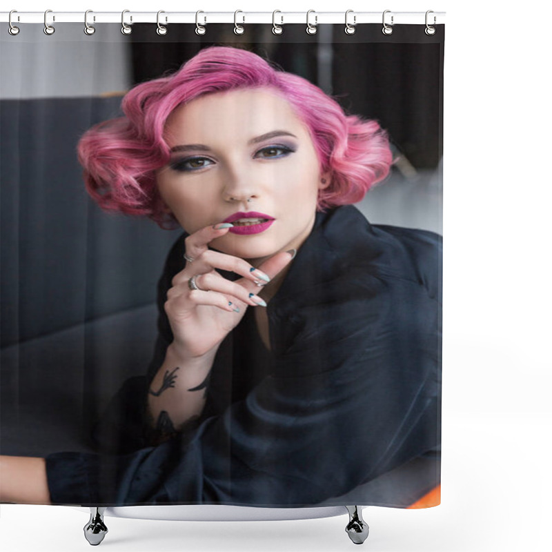 Personality  Pretty Pink Haired Pin Up Girl Posing On Couch Shower Curtains