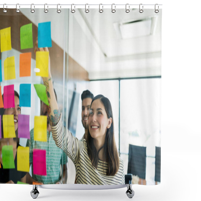 Personality  Hispanic Smiling Businesswoman Brainstorming Over Adhesive Notes In Meeting Shower Curtains