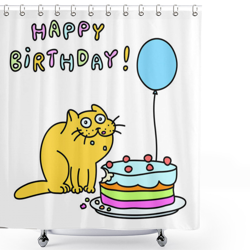 Personality  Funny Cat With A Cake And A Balloon. Vector Illustration Shower Curtains