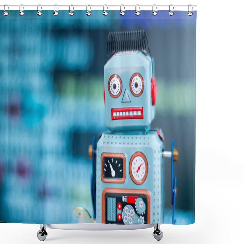 Personality  Symbol For A Chatbot Or Social Bot And Algorithms, Program Code In The Background Shower Curtains