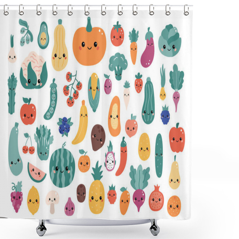 Personality  Vector Set Of Kawaii Cartoon Vegetables And Fruits With Funny Faces. Hand Drawn Doodle Food Character For Children. Flat Style Illustration. Shower Curtains