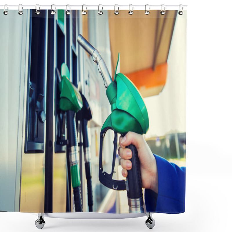 Personality  Close Up Of Hand Holding Hose At Gas Station Shower Curtains