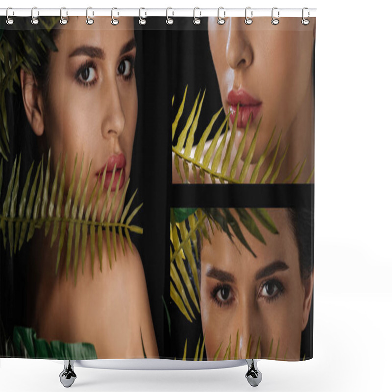 Personality  Collage Of Beautiful Woman Looking At Camera With Fern Leaves On Black, Panoramic Shot Shower Curtains