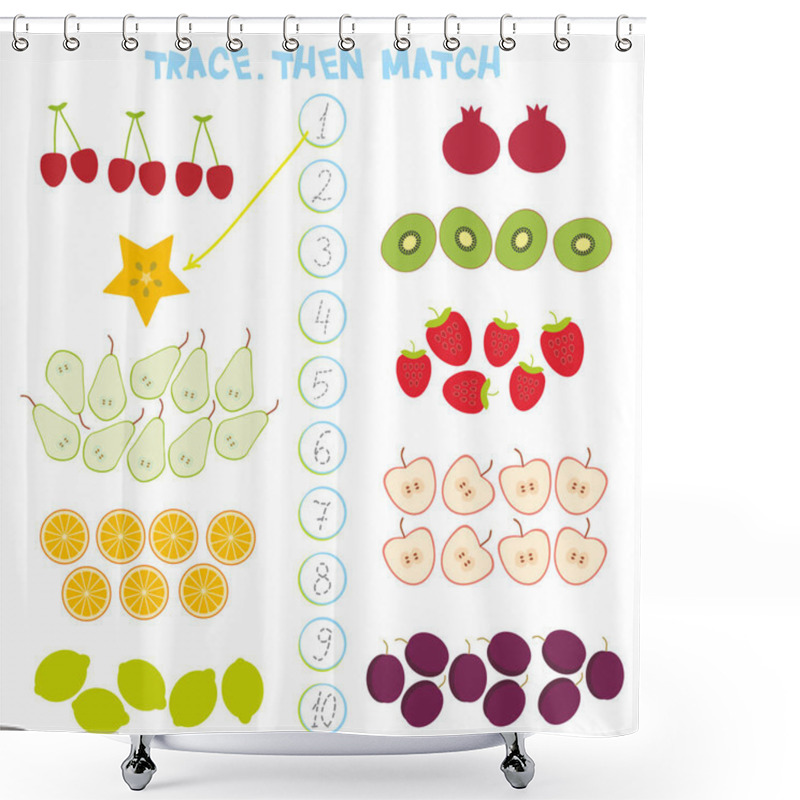 Personality  Kids Learning Number Material 1 To 10 Trace Then Match. Illustration Of Education Counting Game For Preschool Children Cherry Strawberry Carambola Kiwi Apple Pomegranate Lemon Orange Pear Plum. Vector Illustration Shower Curtains