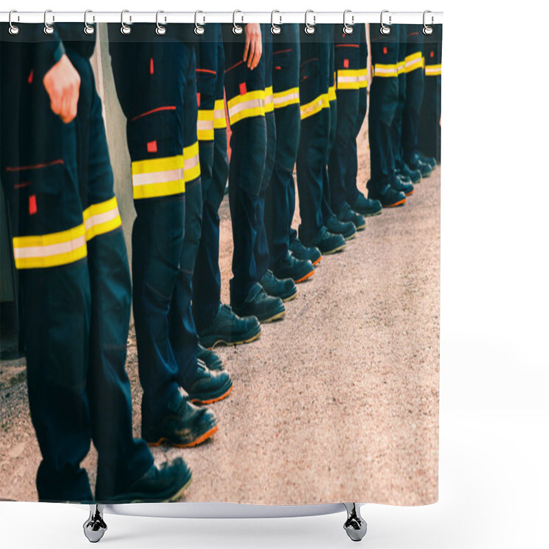 Personality  Many Unrecognizable Firefighters Lined Up In Reflective Pants. Shower Curtains