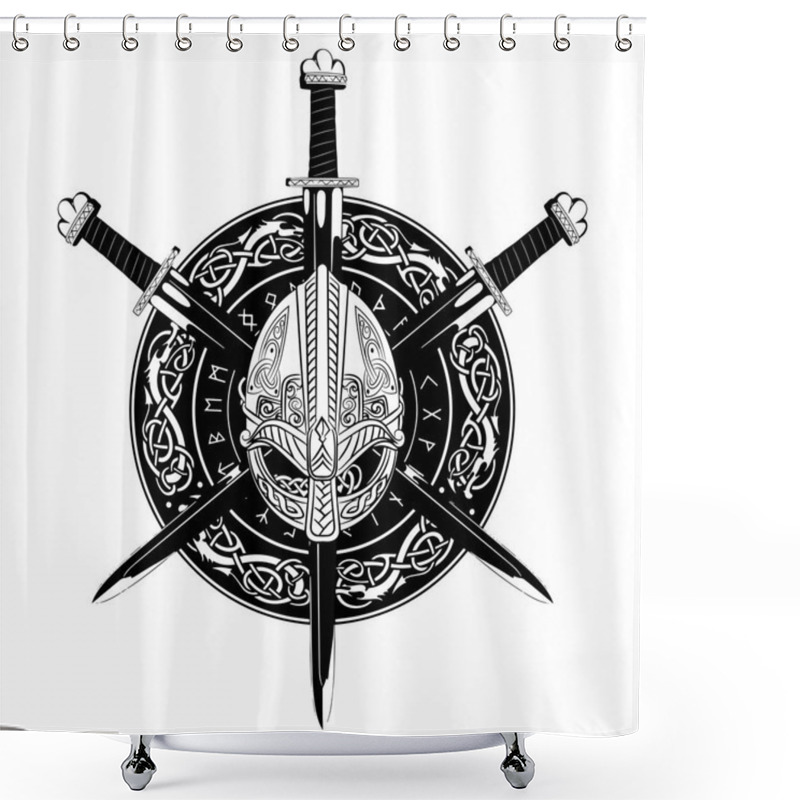 Personality  Viking Helmet, Crossed Viking Sword And In A Wreath Of Scandinavian Pattern And Viking Shield Shower Curtains