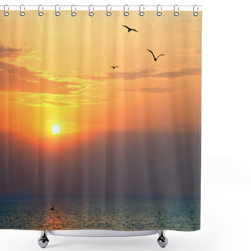 Personality  Sunset At Sea With Seagulls In Foreground Shower Curtains