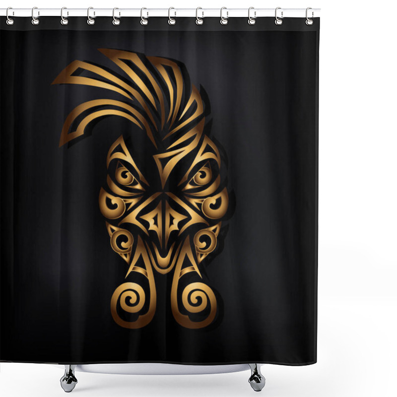 Personality  Golden Rooster Head Isolated On Black Background. Stylized Maori Face Tattoo. Golden Rooster Mask. Vector Illustration. Shower Curtains