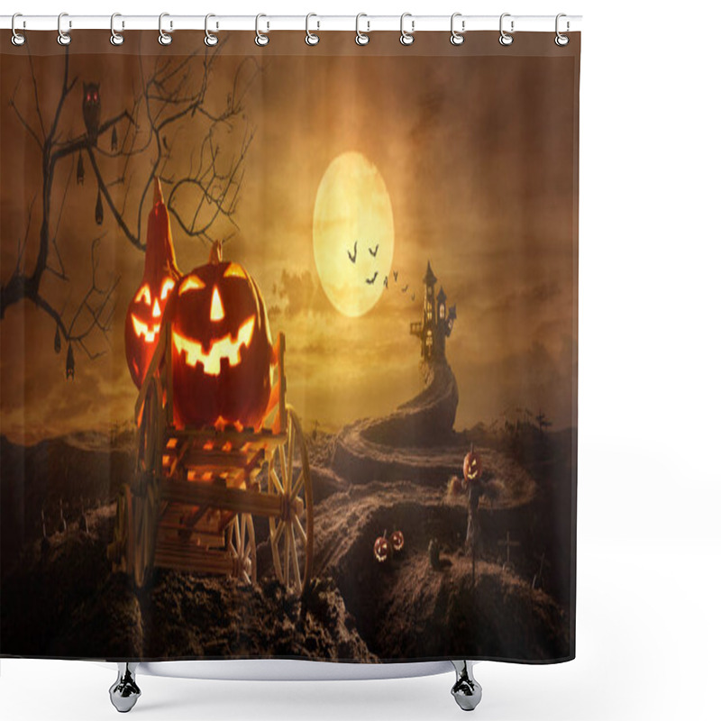 Personality  Halloween Pumpkins On Farm Wagon Going Through Stretched Road Grave To Castle Spooky In Night Of Full Moon And Bats Flying. Shower Curtains