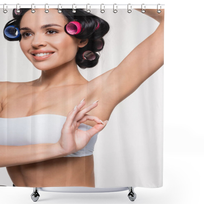 Personality  Smiling Young Woman With Smooth Armpit Showing Okay Gesture Isolated On White Shower Curtains