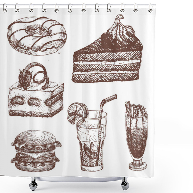 Personality  Hand Drawn Food Sketch For Menu Restaurant Product And Doodle Meal Cuisine Vector Illustration. Shower Curtains