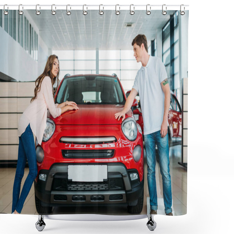 Personality  Couple Leaning On Red Car In Showroom Shower Curtains