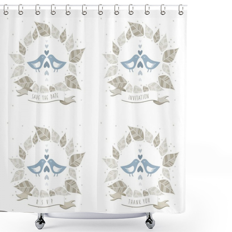 Personality  Little Blue Birds In Love With Hearts Dots And Leaves Wreath Wedding Cards Isolated On White Shower Curtains