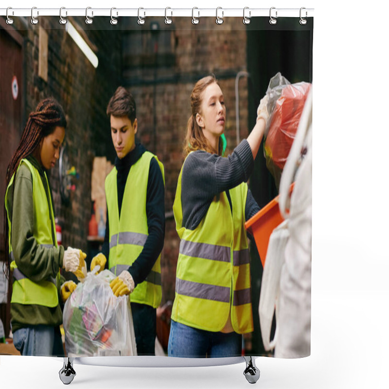 Personality  Young Volunteers In Safety Vests And Gloves Stand Together, Sorting Trash As Eco-conscious Individuals. Shower Curtains