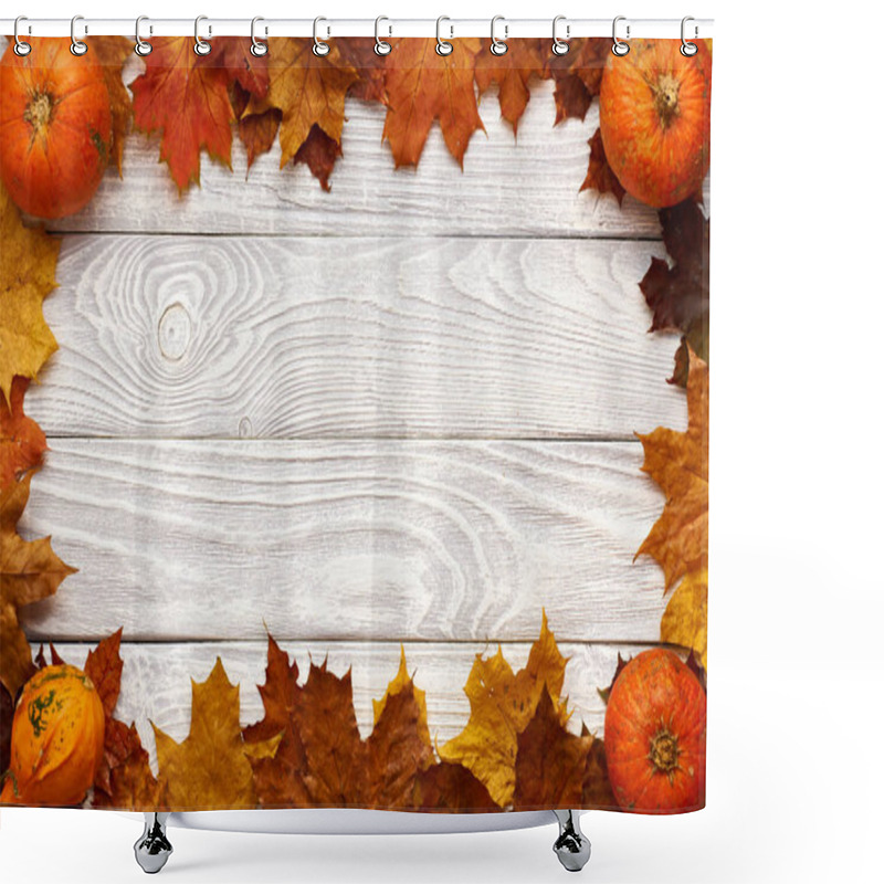 Personality  Autumn Leaves And Pumpkins Over Old Wooden Background  Shower Curtains