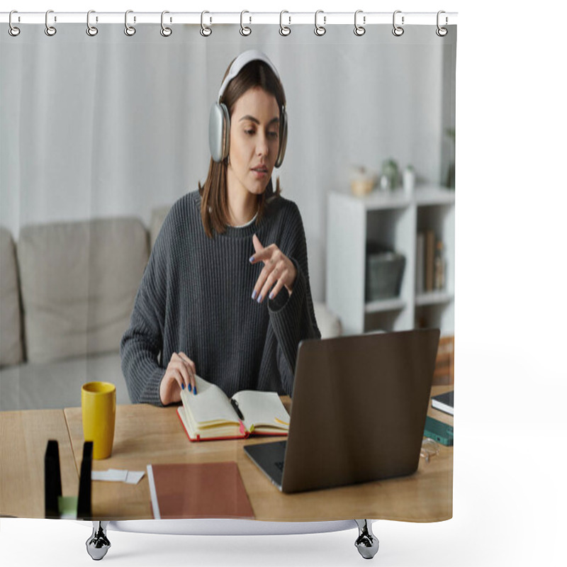 Personality  A Young Woman Works Remotely From Home, Wearing Headphones And Using A Laptop To Create Content And Manage Digital Marketing Campaigns. Shower Curtains