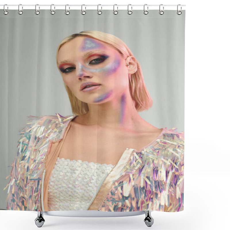 Personality  A Radiant Young Woman Showcases Her Holographic Outfit With A Playful Expression. Shower Curtains