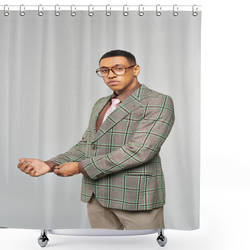 Personality  A Man In Glasses Poses Confidently In A Stylish Plaid Blazer. Shower Curtains