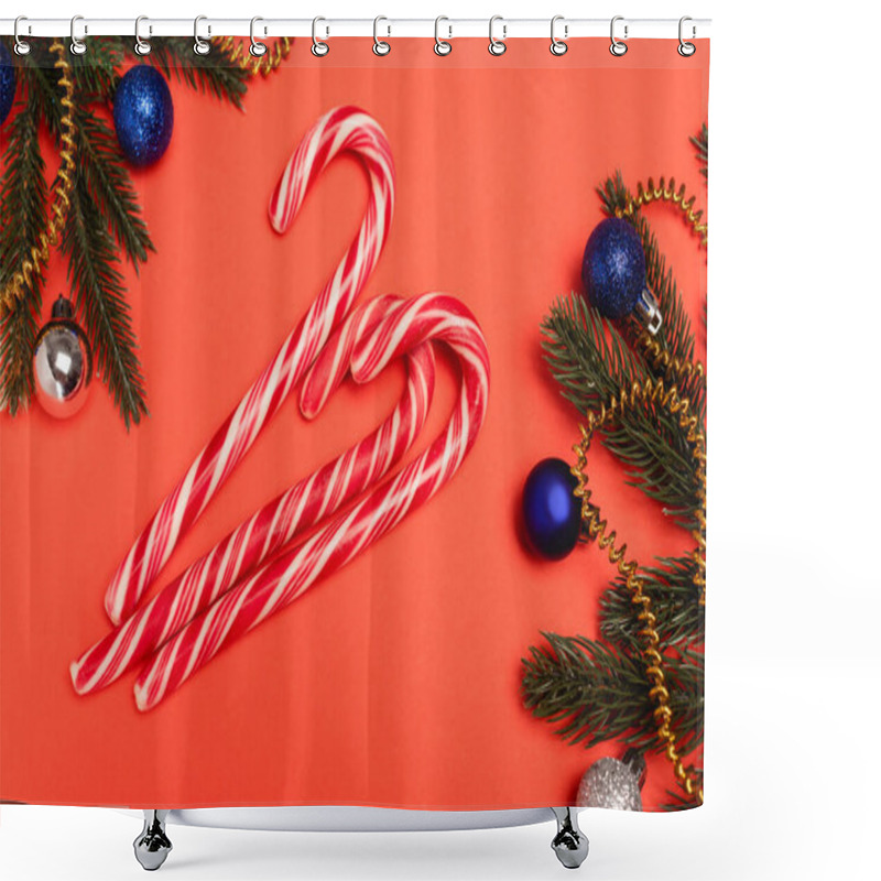 Personality  Top View Of Decorated Christmas Tree And Candy Canes On Red Background Shower Curtains