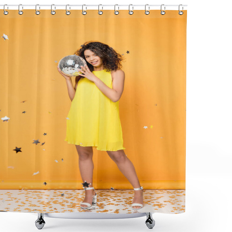 Personality  Beautiful Curly African American Girl Holding Disco Ball Near Shiny Confetti Stars On Orange  Shower Curtains