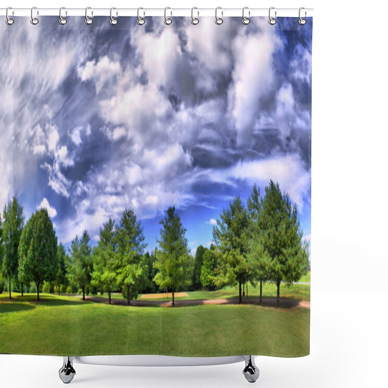 Personality  Panorama Of A Park In Summer With Clouds Shower Curtains