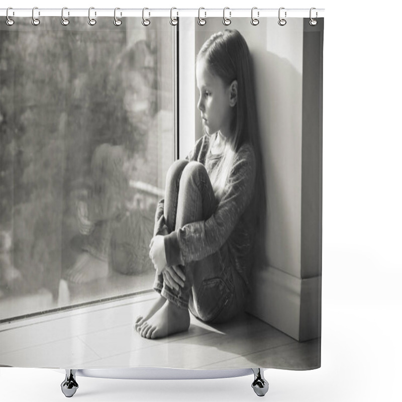 Personality  Little Sad Girl Near Window. Abuse Of Children Concept Shower Curtains