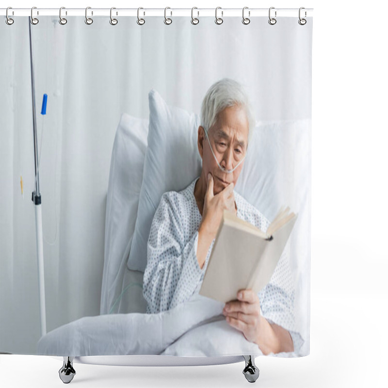 Personality  Elderly Asian Patient With Nasal Cannula Reading Book On Bed In Clinic  Shower Curtains